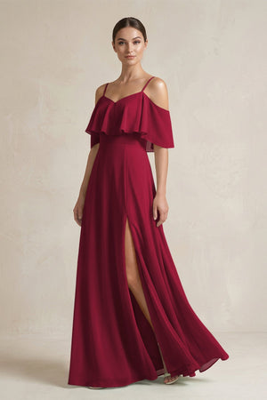 Ruffled Off - the - Shoulder A - Line Chiffon Bridesmaid Gown in Berry - KISS BRIDAL Bridesmaid Dresses
