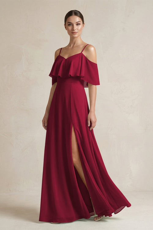 Ruffled Off - the - Shoulder A - Line Chiffon Bridesmaid Gown in Berry - KISS BRIDAL Bridesmaid Dresses
