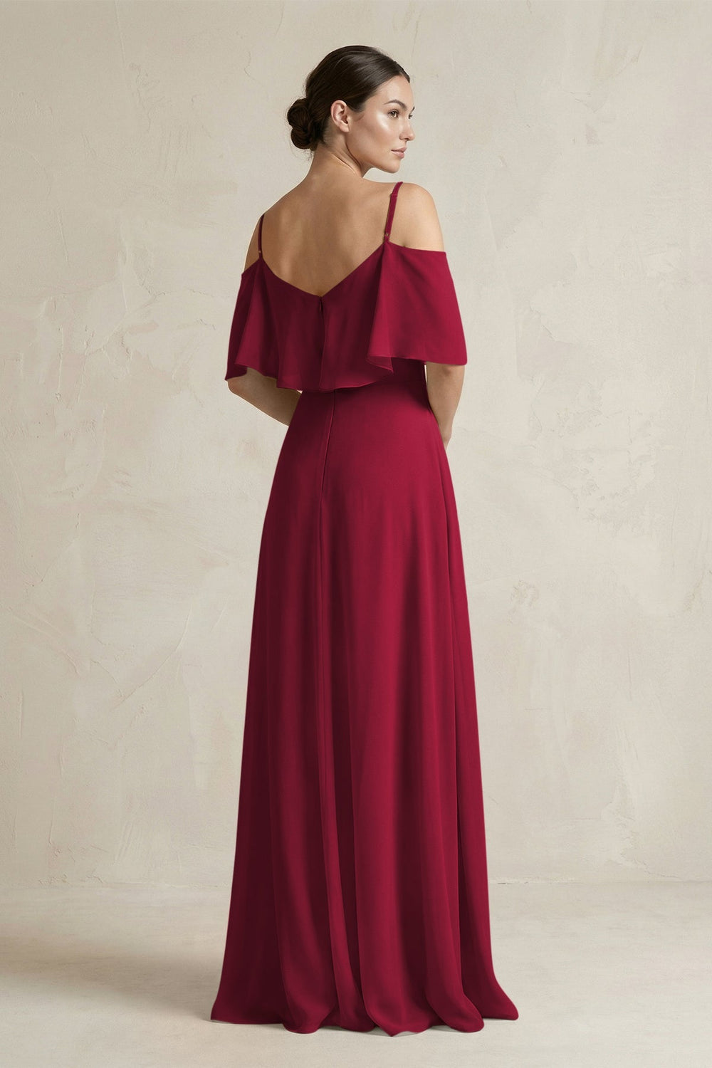 Ruffled Off - the - Shoulder A - Line Chiffon Bridesmaid Gown in Berry - KISS BRIDAL Bridesmaid Dresses