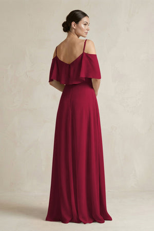 Ruffled Off - the - Shoulder A - Line Chiffon Bridesmaid Gown in Berry - KISS BRIDAL Bridesmaid Dresses