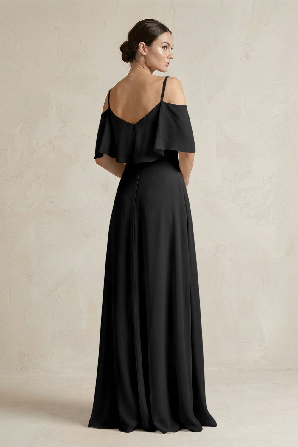 Ruffled Off - the - Shoulder A - Line Chiffon Bridesmaid Gown in Black - KISS BRIDAL Bridesmaid Dresses