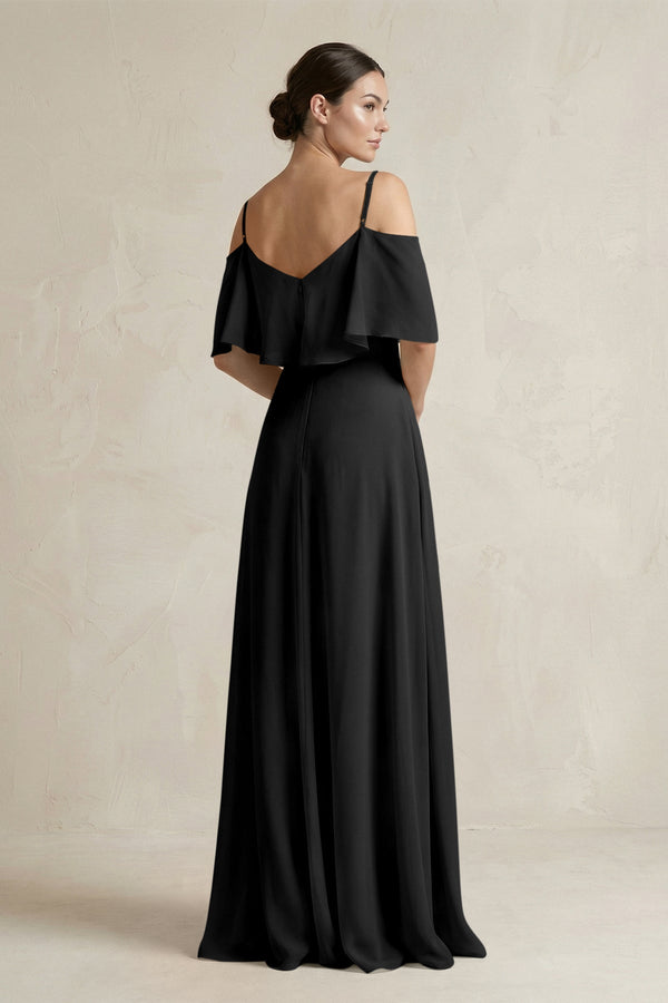 Ruffled Off - the - Shoulder A - Line Chiffon Bridesmaid Gown in Black - KISS BRIDAL Bridesmaid Dresses
