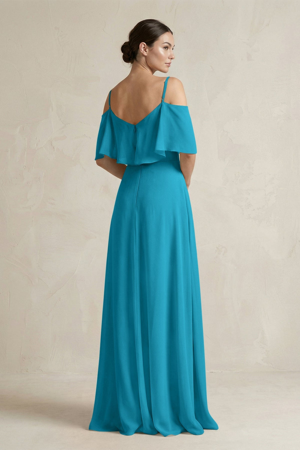 Ruffled Off - the - Shoulder A - Line Chiffon Bridesmaid Gown in Blue Jay - KISS BRIDAL Bridesmaid Dresses