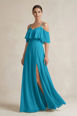 Ruffled Off - the - Shoulder A - Line Chiffon Bridesmaid Gown in Blue Jay - KISS BRIDAL Bridesmaid Dresses