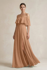 Ruffled Off - the - Shoulder A - Line Chiffon Bridesmaid Gown in Bronzer - KISS BRIDAL Bridesmaid Dresses