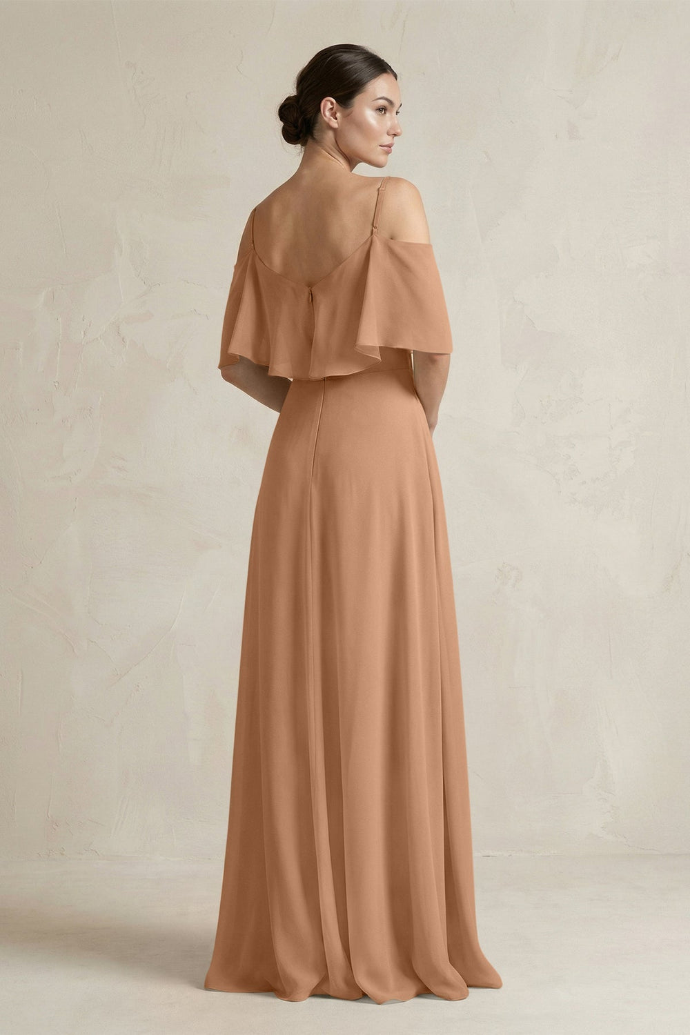 Ruffled Off - the - Shoulder A - Line Chiffon Bridesmaid Gown in Bronzer - KISS BRIDAL Bridesmaid Dresses