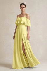 Ruffled Off - the - Shoulder A - Line Chiffon Bridesmaid Gown in Buttercup - KISS BRIDAL Bridesmaid Dresses
