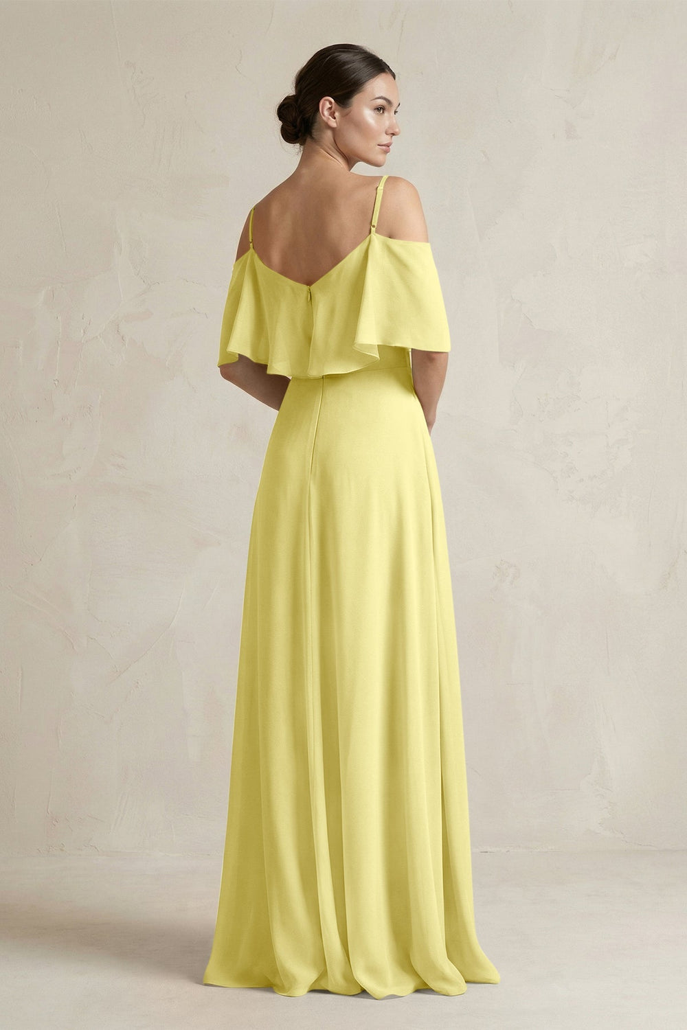 Ruffled Off - the - Shoulder A - Line Chiffon Bridesmaid Gown in Buttercup - KISS BRIDAL Bridesmaid Dresses