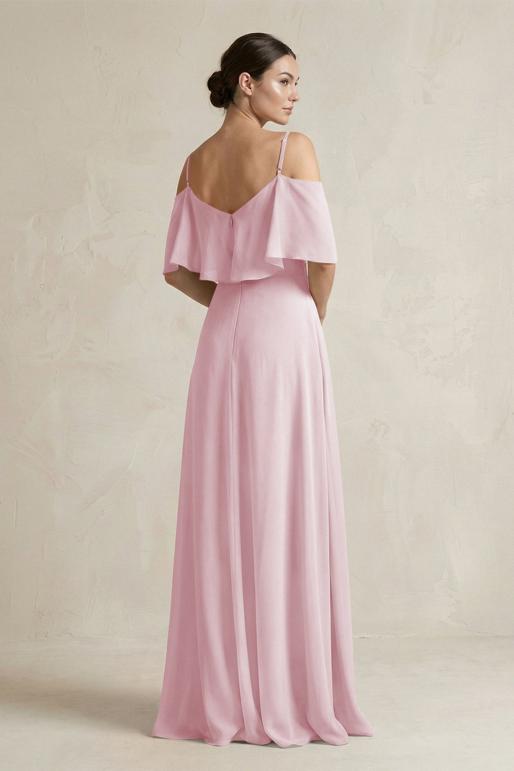 Ruffled Off - the - Shoulder A - Line Chiffon Bridesmaid Gown in Candy Pink - KISS BRIDAL Bridesmaid Dresses