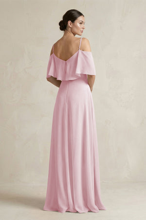 Ruffled Off - the - Shoulder A - Line Chiffon Bridesmaid Gown in Candy Pink - KISS BRIDAL Bridesmaid Dresses