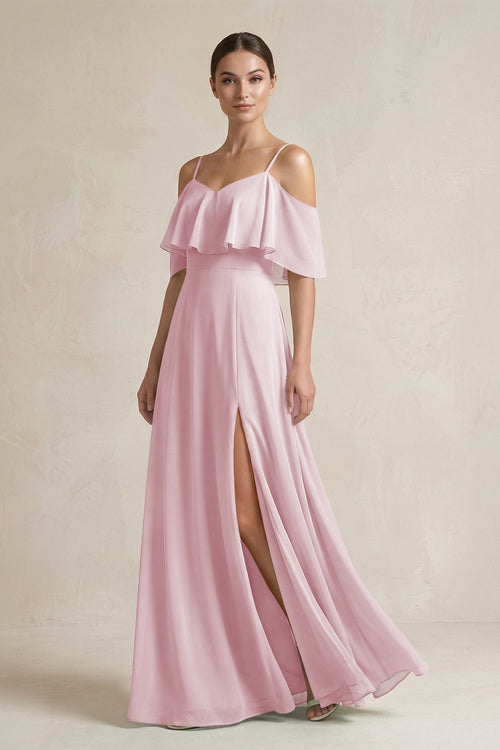 Ruffled Off - the - Shoulder A - Line Chiffon Bridesmaid Gown in Candy Pink - KISS BRIDAL Bridesmaid Dresses