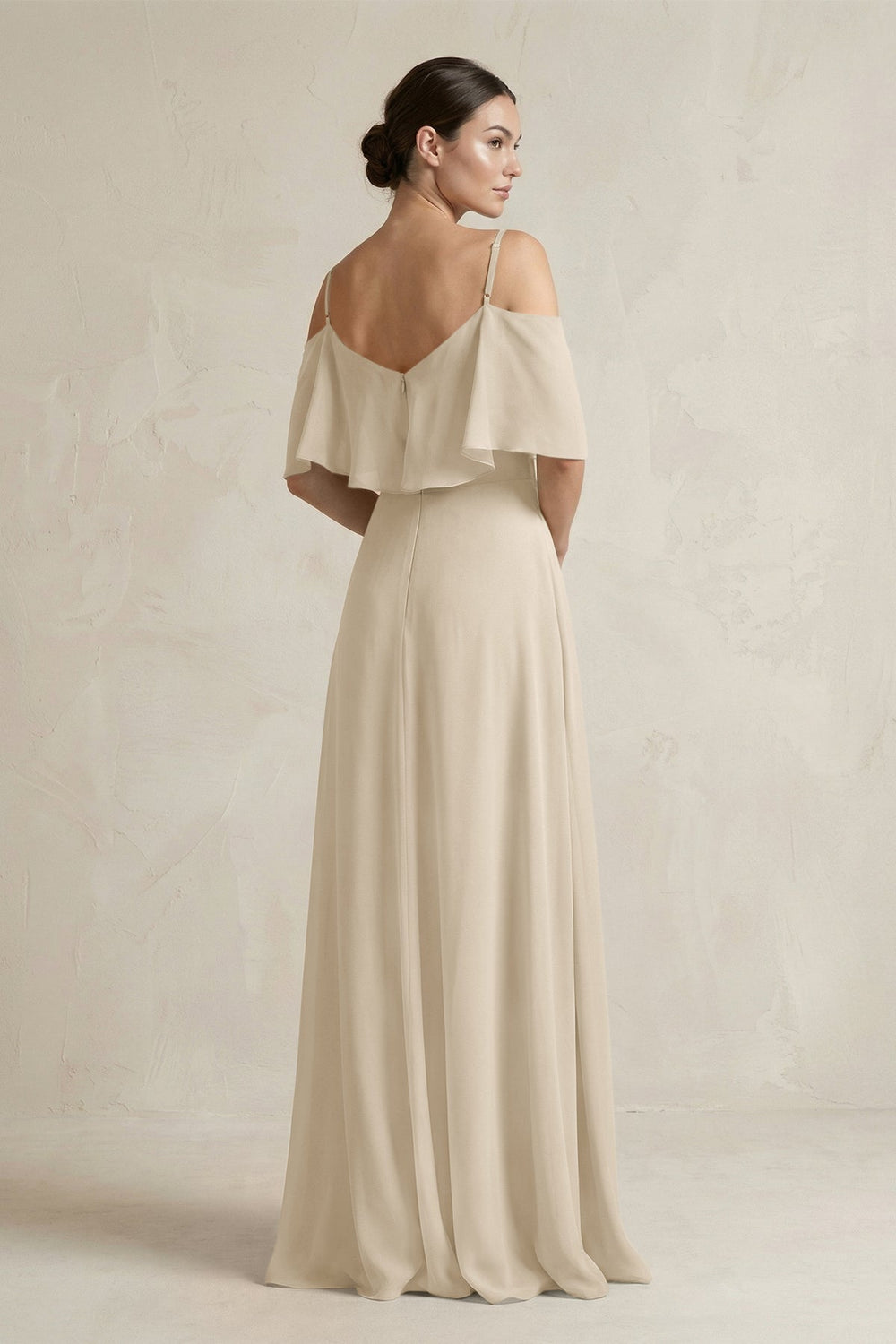 Ruffled Off - the - Shoulder A - Line Chiffon Bridesmaid Gown in Champagne - KISS BRIDAL Bridesmaid Dresses