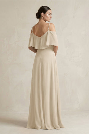 Ruffled Off - the - Shoulder A - Line Chiffon Bridesmaid Gown in Champagne - KISS BRIDAL Bridesmaid Dresses