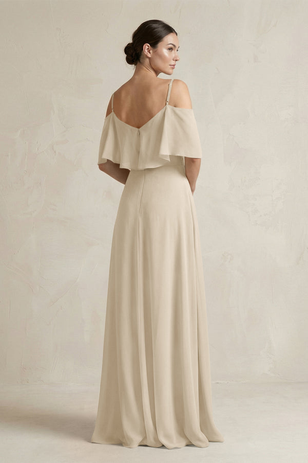 Ruffled Off - the - Shoulder A - Line Chiffon Bridesmaid Gown in Champagne - KISS BRIDAL Bridesmaid Dresses