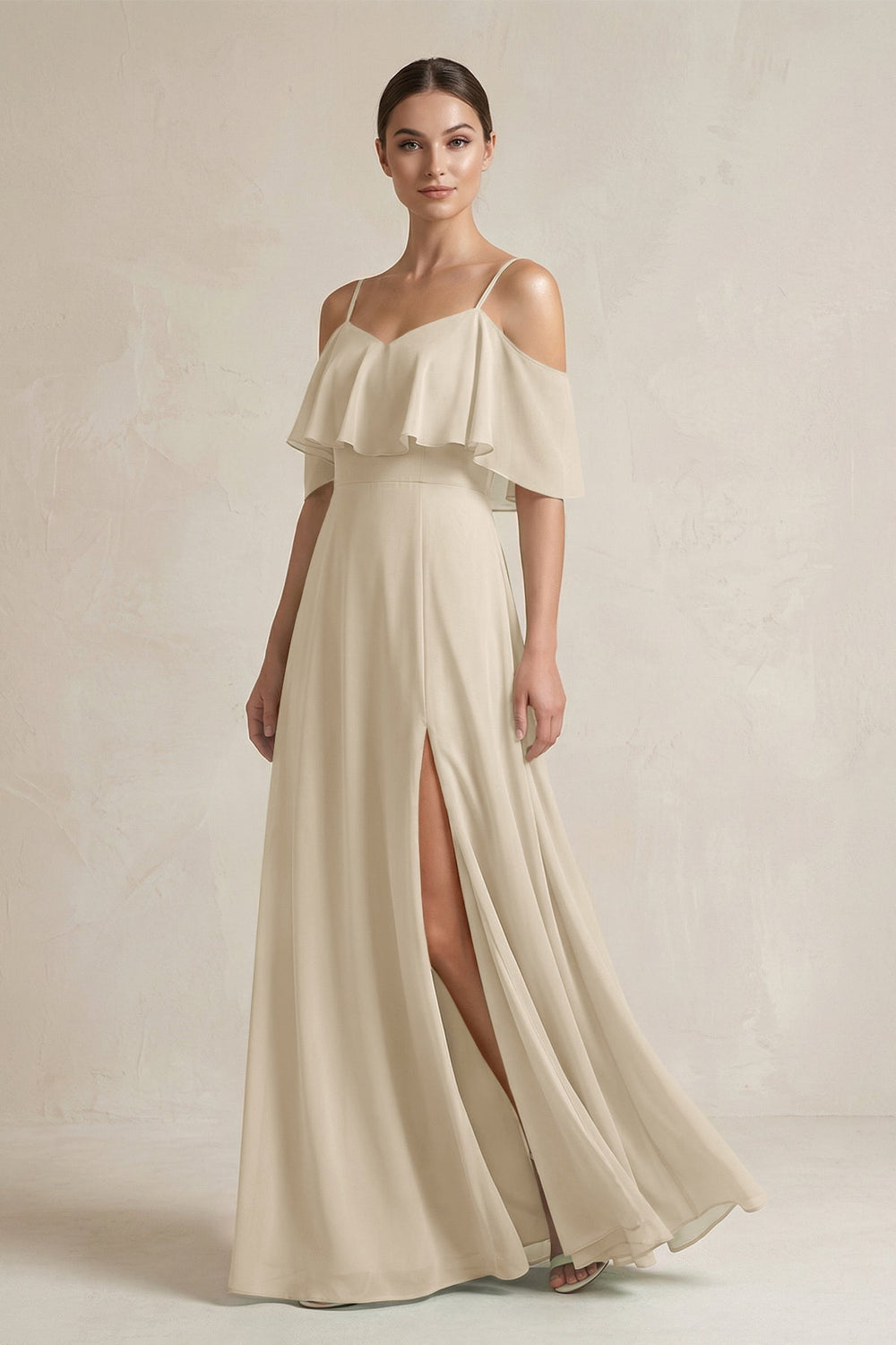 Ruffled Off - the - Shoulder A - Line Chiffon Bridesmaid Gown in Champagne - KISS BRIDAL Bridesmaid Dresses