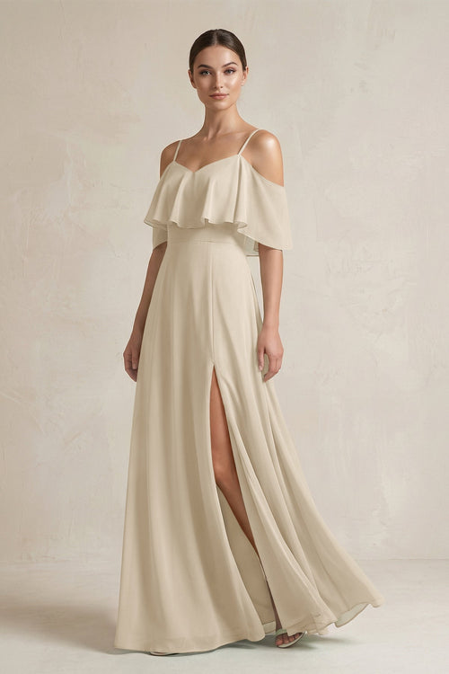 Ruffled Off - the - Shoulder A - Line Chiffon Bridesmaid Gown in Champagne - KISS BRIDAL Bridesmaid Dresses