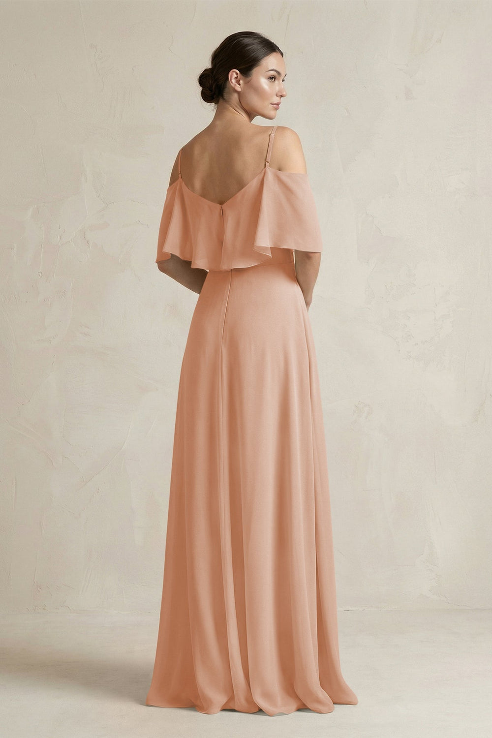 Ruffled Off - the - Shoulder A - Line Chiffon Bridesmaid Gown in Champagne Rose - KISS BRIDAL Bridesmaid Dresses
