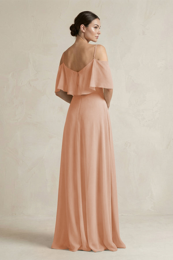 Ruffled Off - the - Shoulder A - Line Chiffon Bridesmaid Gown in Champagne Rose - KISS BRIDAL Bridesmaid Dresses