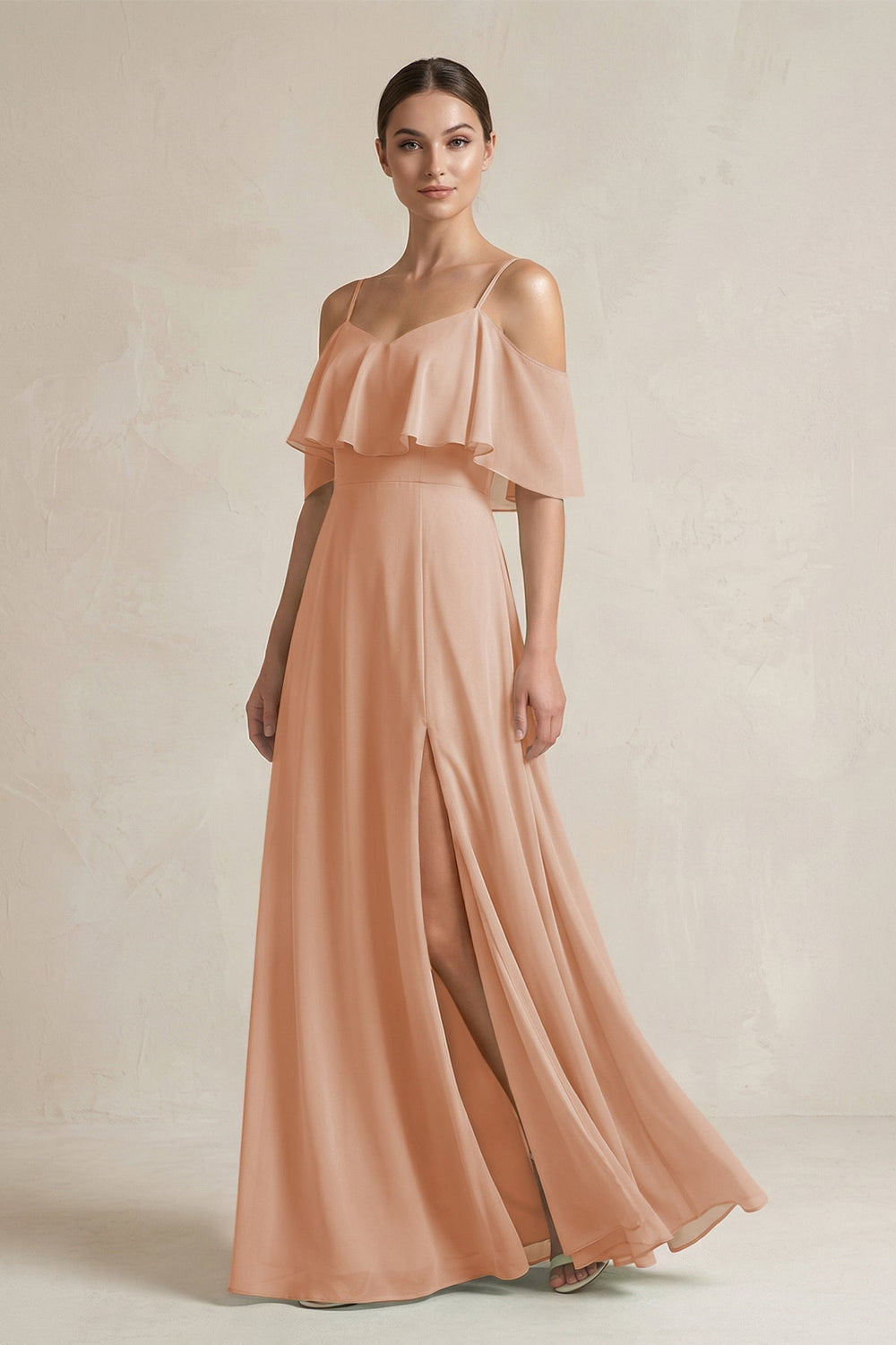 Ruffled Off - the - Shoulder A - Line Chiffon Bridesmaid Gown in Champagne Rose - KISS BRIDAL Bridesmaid Dresses