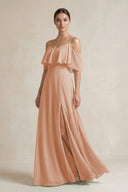 Ruffled Off - the - Shoulder A - Line Chiffon Bridesmaid Gown in Champagne Rose - KISS BRIDAL Bridesmaid Dresses
