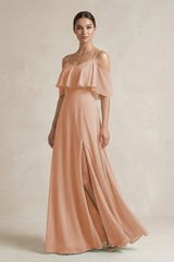 Ruffled Off - the - Shoulder A - Line Chiffon Bridesmaid Gown in Champagne Rose - KISS BRIDAL Bridesmaid Dresses