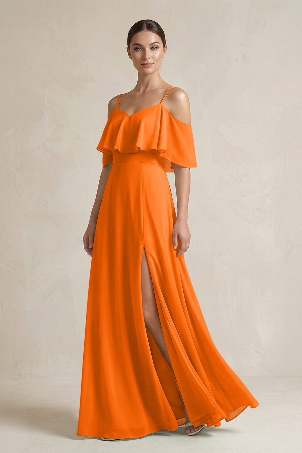 Ruffled Off - the - Shoulder A - Line Chiffon Bridesmaid Gown in Cinnamon - KISS BRIDAL Bridesmaid Dresses
