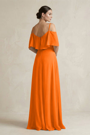 Ruffled Off - the - Shoulder A - Line Chiffon Bridesmaid Gown in Cinnamon - KISS BRIDAL Bridesmaid Dresses