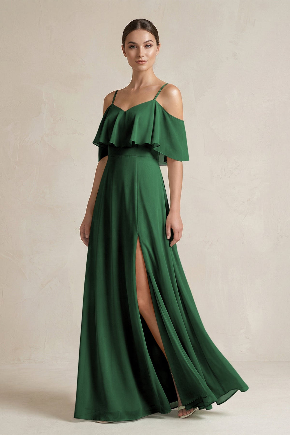 Ruffled Off - the - Shoulder A - Line Chiffon Bridesmaid Gown in Dark Green - KISS BRIDAL Bridesmaid Dresses