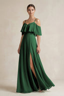 Ruffled Off - the - Shoulder A - Line Chiffon Bridesmaid Gown in Dark Green - SHE IS ME Bridesmaid Dresses