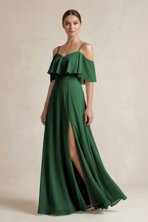 Ruffled Off - the - Shoulder A - Line Chiffon Bridesmaid Gown in Dark Green - SHE IS ME Bridesmaid Dresses