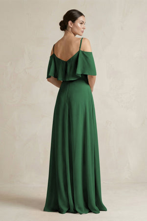 Ruffled Off - the - Shoulder A - Line Chiffon Bridesmaid Gown in Dark Green - SHE IS ME Bridesmaid Dresses