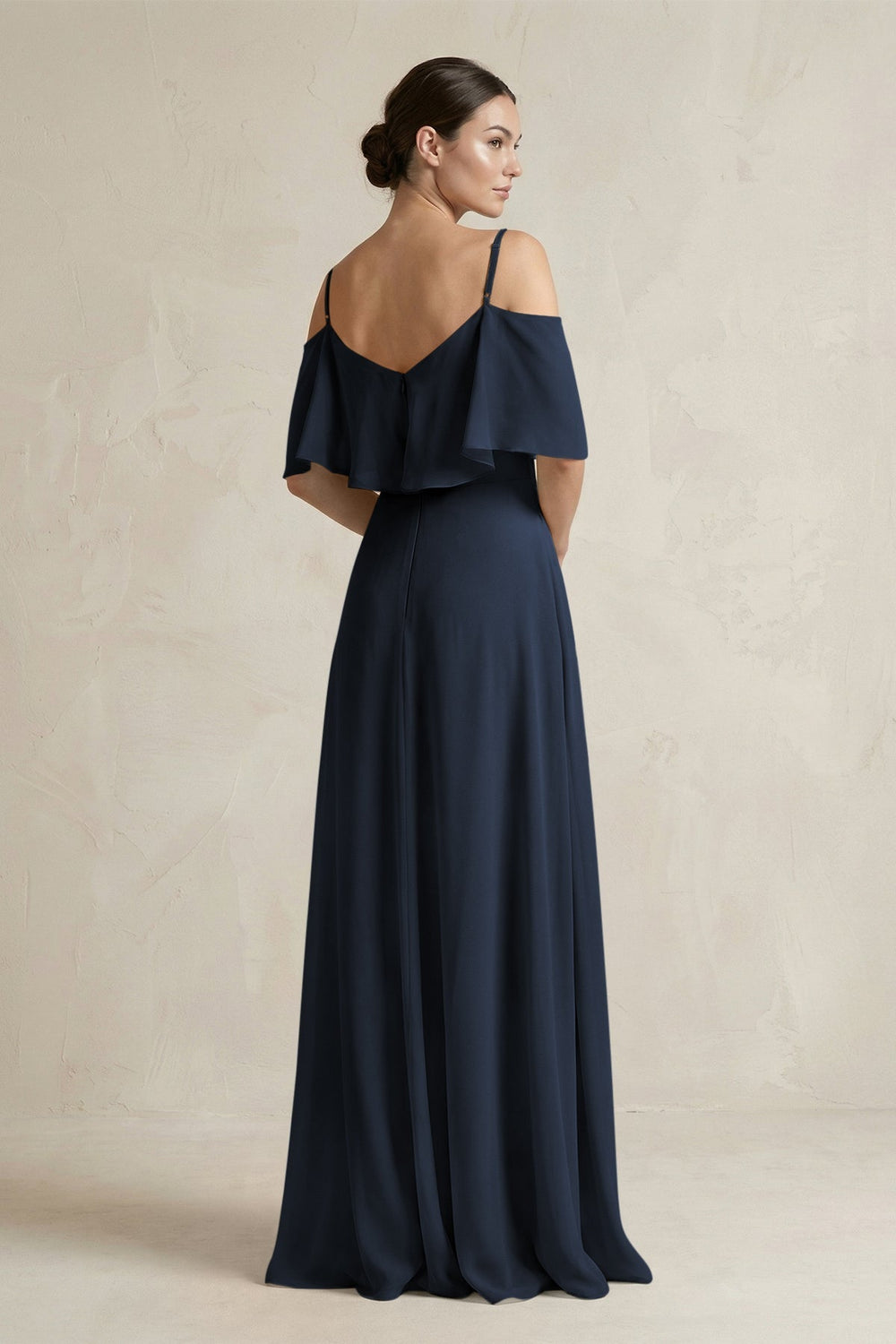 Ruffled Off - the - Shoulder A - Line Chiffon Bridesmaid Gown in Dark Navy - KISS BRIDAL Bridesmaid Dresses
