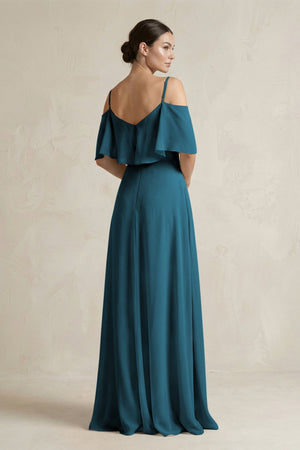 Ruffled Off - the - Shoulder A - Line Chiffon Bridesmaid Gown in Dark Teal - KISS BRIDAL Bridesmaid Dresses