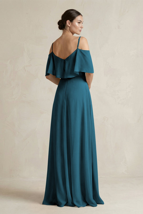 Ruffled Off - the - Shoulder A - Line Chiffon Bridesmaid Gown in Dark Teal - KISS BRIDAL Bridesmaid Dresses
