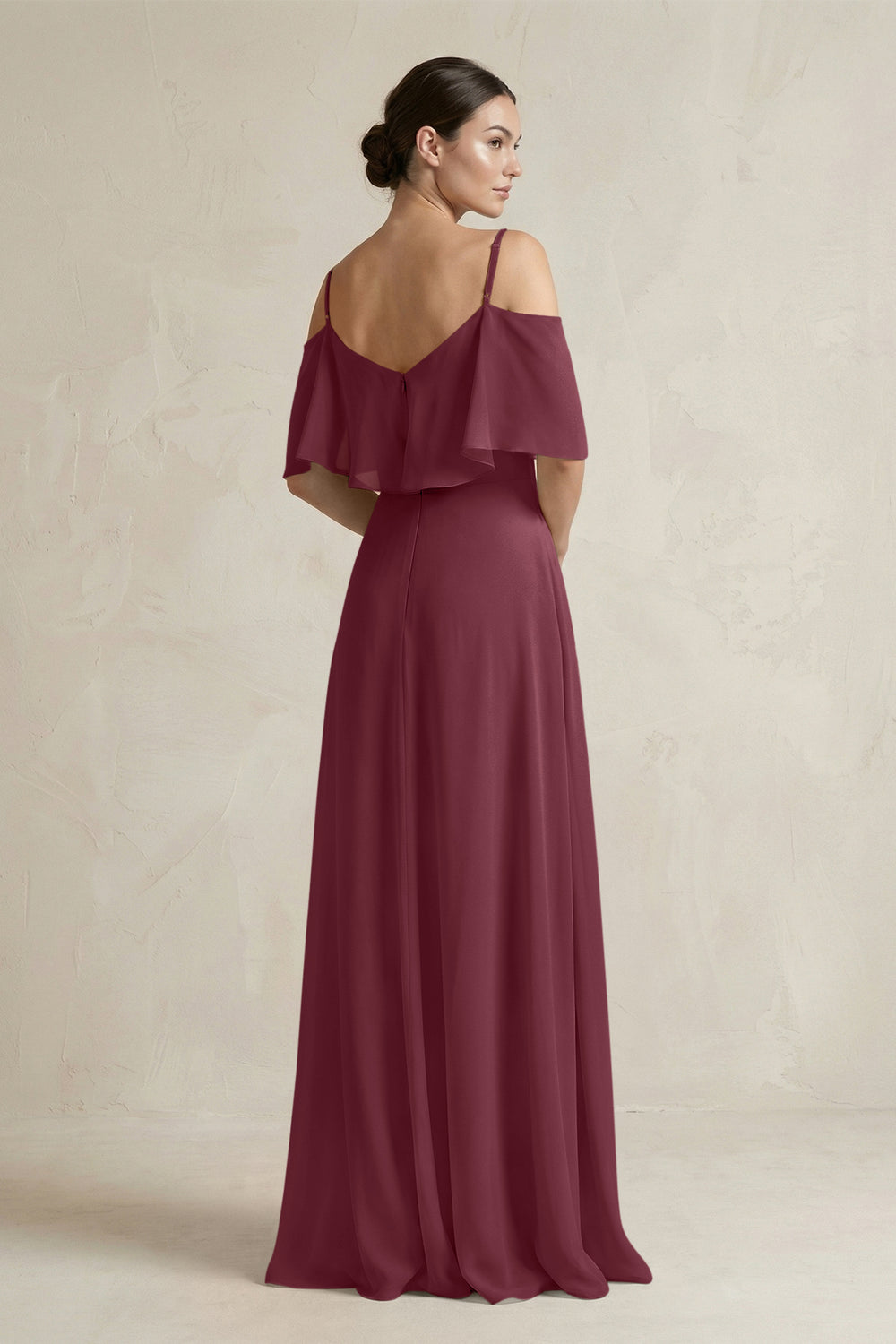 Ruffled Off-the-Shoulder A-Line Chiffon Bridesmaid Gown in Desert Rose