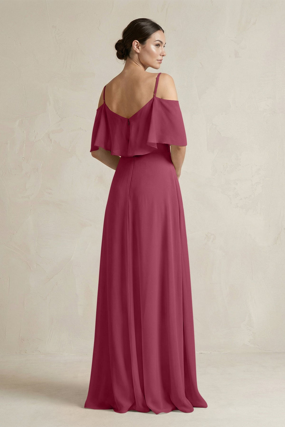 Ruffled Off - the - Shoulder A - Line Chiffon Bridesmaid Gown in Desert Rose - KISS BRIDAL Bridesmaid Dresses