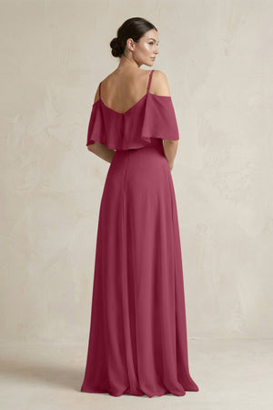 Ruffled Off - the - Shoulder A - Line Chiffon Bridesmaid Gown in Desert Rose - KISS BRIDAL Bridesmaid Dresses