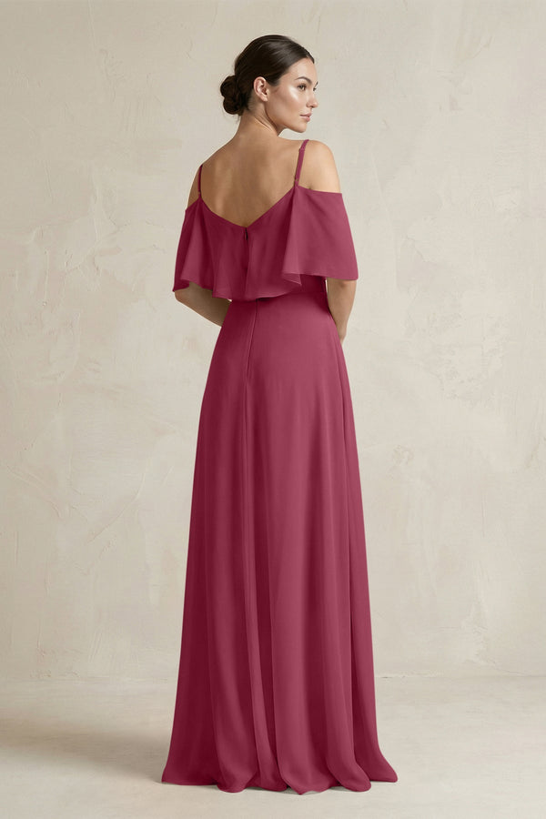 Ruffled Off - the - Shoulder A - Line Chiffon Bridesmaid Gown in Desert Rose - KISS BRIDAL Bridesmaid Dresses