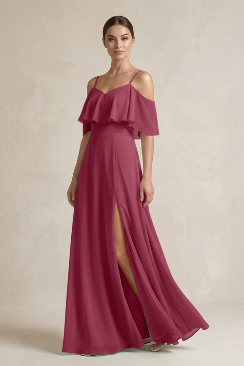 Ruffled Off - the - Shoulder A - Line Chiffon Bridesmaid Gown in Desert Rose - KISS BRIDAL Bridesmaid Dresses