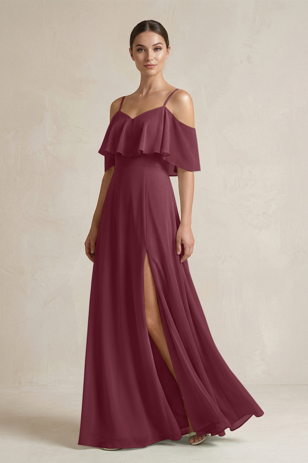Ruffled Off-the-Shoulder A-Line Chiffon Bridesmaid Gown in Desert Rose