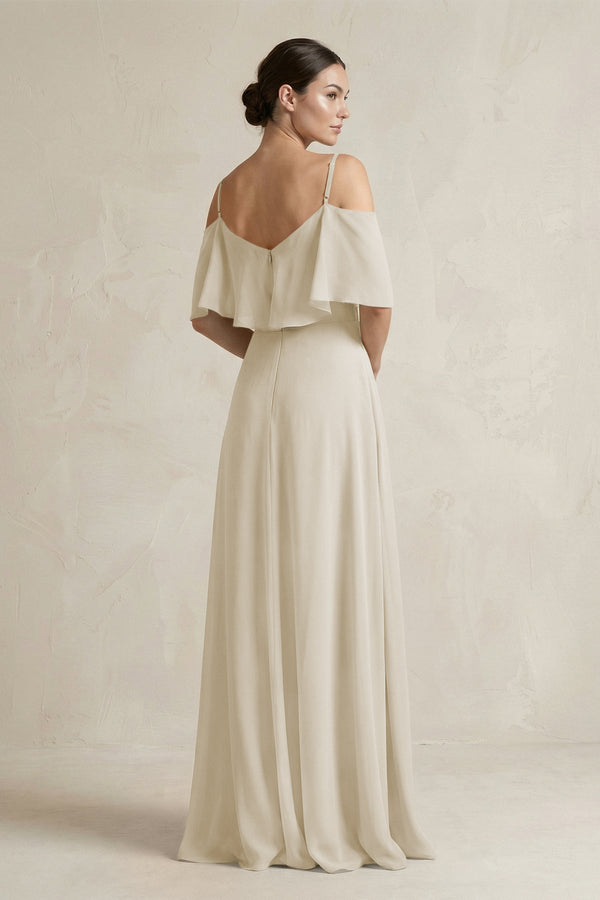 Ruffled Off - the - Shoulder A - Line Chiffon Bridesmaid Gown in Dove Gray - SHE IS ME Bridesmaid Dresses