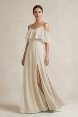 Ruffled Off - the - Shoulder A - Line Chiffon Bridesmaid Gown in Dove Gray - KISS BRIDAL Bridesmaid Dresses