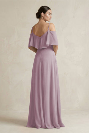 Ruffled Off - the - Shoulder A - Line Chiffon Bridesmaid Gown in Dusk - KISS BRIDAL Bridesmaid Dresses