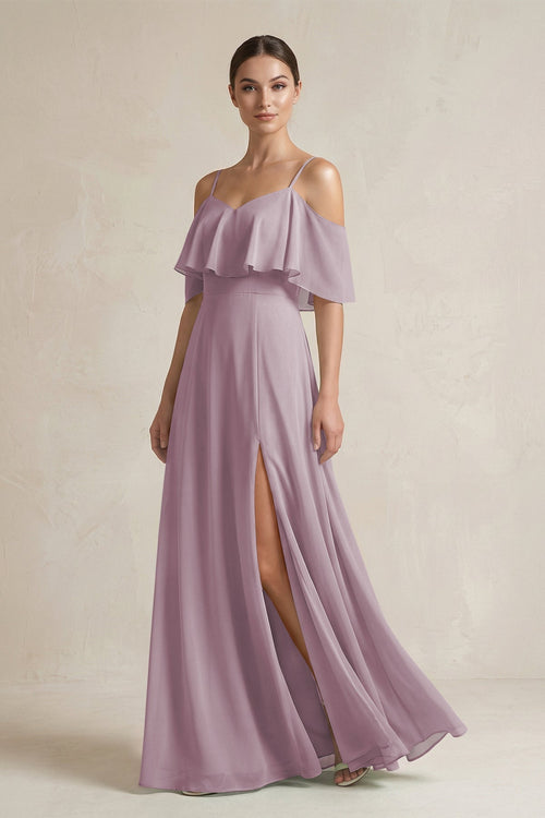 Ruffled Off - the - Shoulder A - Line Chiffon Bridesmaid Gown in Dusk - KISS BRIDAL Bridesmaid Dresses