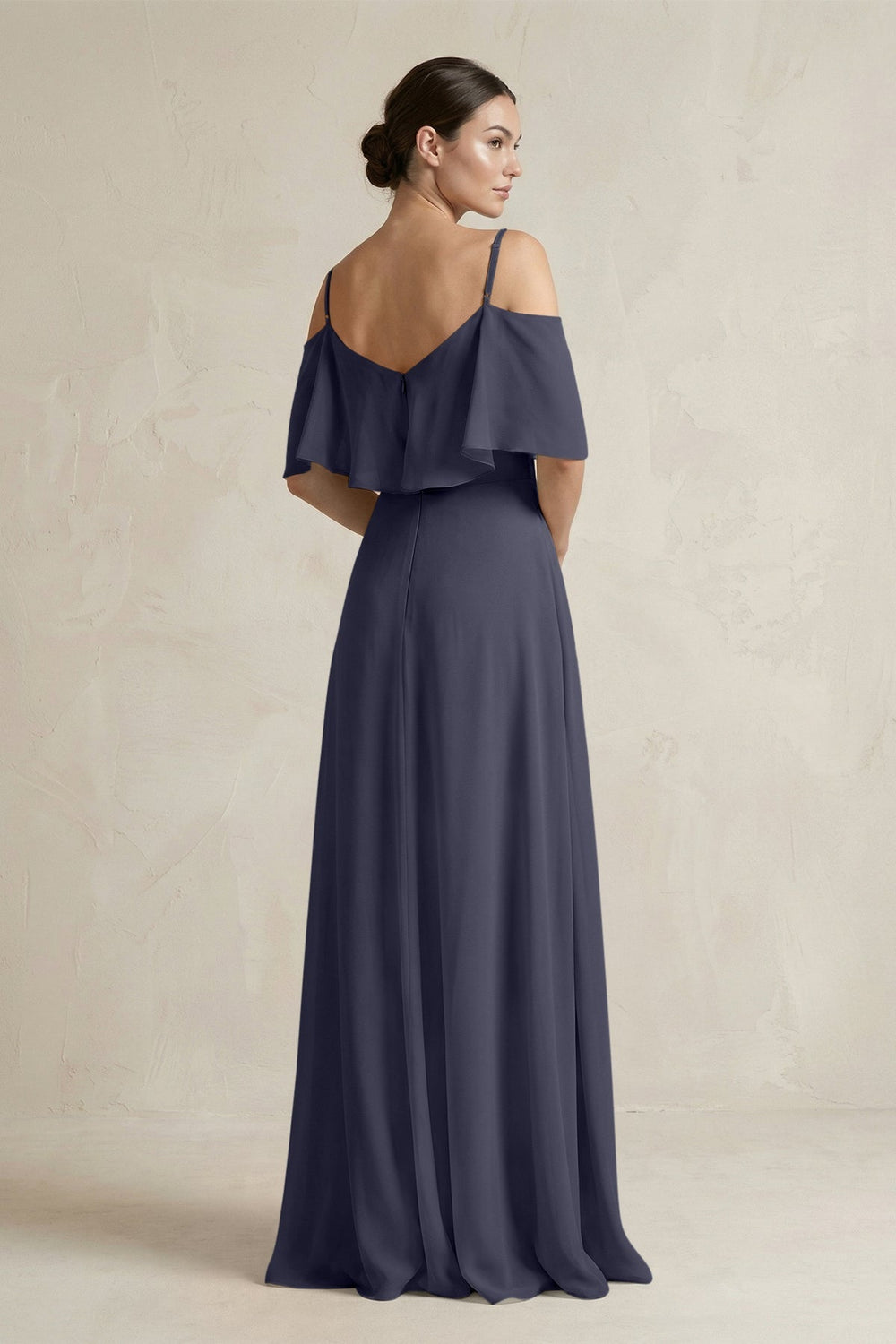 Ruffled Off - the - Shoulder A - Line Chiffon Bridesmaid Gown in Dusk Blue - KISS BRIDAL Bridesmaid Dresses