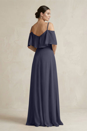 Ruffled Off - the - Shoulder A - Line Chiffon Bridesmaid Gown in Dusk Blue - KISS BRIDAL Bridesmaid Dresses