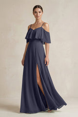 Ruffled Off - the - Shoulder A - Line Chiffon Bridesmaid Gown in Dusk Blue - KISS BRIDAL Bridesmaid Dresses
