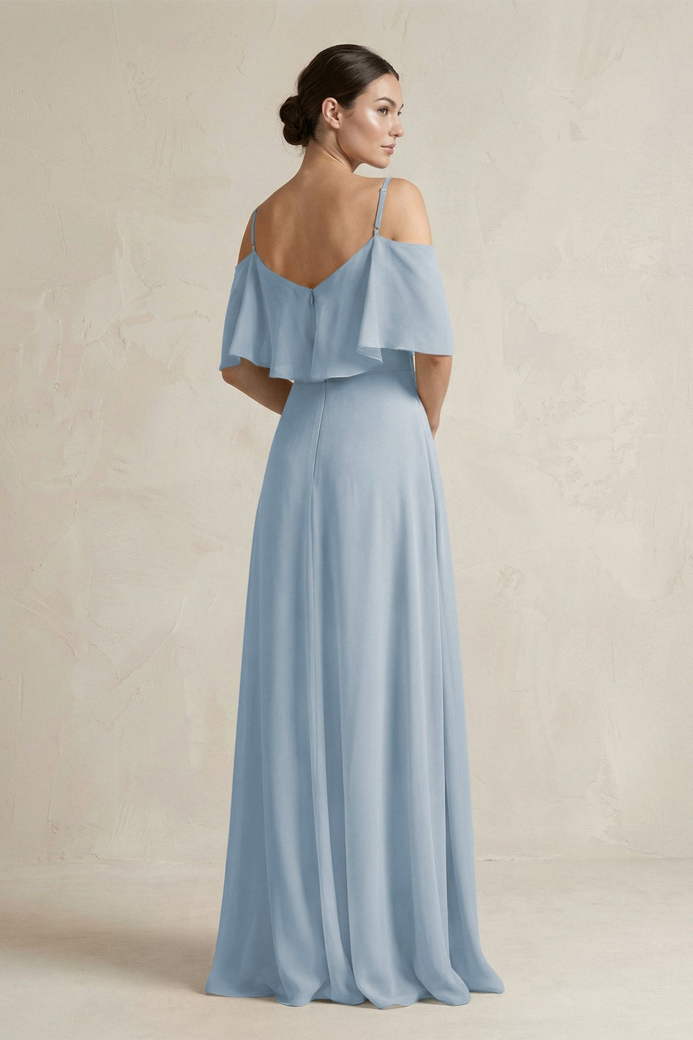 Ruffled Off - the - Shoulder A - Line Chiffon Bridesmaid Gown in Dusty Blue - KISS BRIDAL Bridesmaid Dresses
