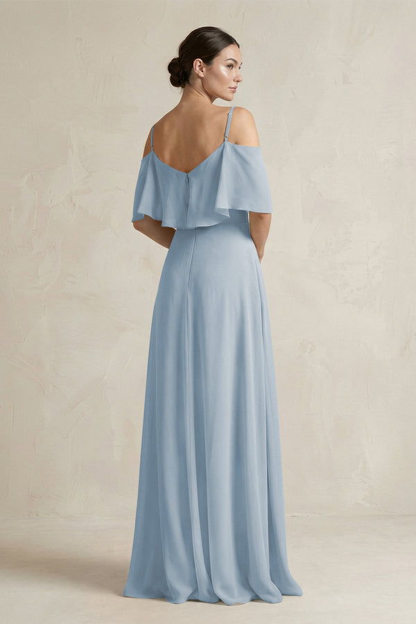 Ruffled Off - the - Shoulder A - Line Chiffon Bridesmaid Gown in Dusty Blue - KISS BRIDAL Bridesmaid Dresses