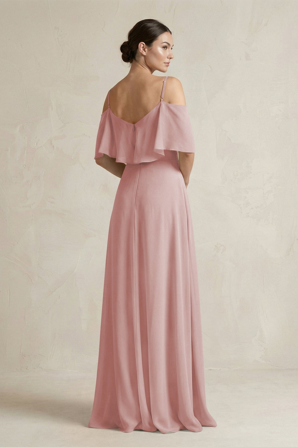 Ruffled Off - the - Shoulder A - Line Chiffon Bridesmaid Gown in Dusty Rose - KISS BRIDAL Bridesmaid Dresses